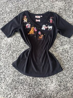 Quacker Factory Black V-Neck Patriotic Dog Embroidered Tee